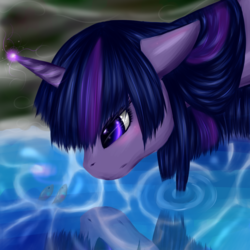 Size: 2000x2000 | Tagged: safe, artist:kinjareta, twilight sparkle, g4, dem feels, female, glowing horn, high res, hilarious in hindsight, horn, pond, reflection, solo, wet, wet mane