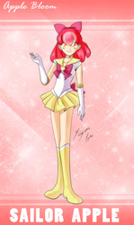 Size: 1693x2850 | Tagged: safe, artist:shinta-girl, apple bloom, human, g4, adorabloom, boots, clothes, cute, female, high heel boots, humanized, sailor moon (series), sailor senshi, shoes, skirt, solo
