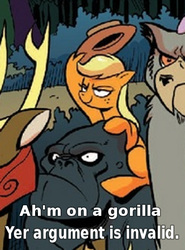Size: 400x542 | Tagged: safe, edit, idw, official comic, applejack, earth pony, gorilla, pony, g4, spoiler:comic, spoiler:comic28, accent, caption, comic, context is for the weak, do i look angry, female, image macro, mare, meme, reaction image, smug, wat, weird, your argument is invalid