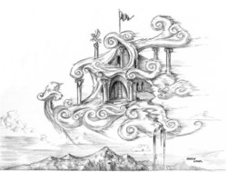 Size: 1200x907 | Tagged: safe, artist:baron engel, cloud house, monochrome, pencil drawing, rainbow dash's house, scenery, traditional art