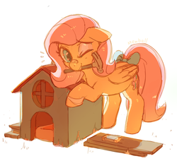 Size: 746x680 | Tagged: safe, artist:mewball, fluttershy, g4, bandage, doghouse, female, hammer, mouth hold, solo, tail bow, wink