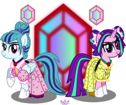 Size: 4105x3404 | Tagged: safe, artist:meganlovesangrybirds, aria blaze, sonata dusk, pegasus, pony, equestria girls, g4, my little pony equestria girls: rainbow rocks, alternate hairstyle, anastasia tremaine, cinderella, clothes, crossover, dress, drizella tremaine, ear piercing, earring, equestria girls ponified, jewelry, necklace, piercing, pink dress, ponified, yellow dress