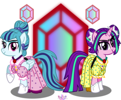 Size: 4105x3404 | Tagged: safe, artist:meganlovesangrybirds, aria blaze, sonata dusk, pegasus, pony, unicorn, equestria girls, g4, my little pony equestria girls: rainbow rocks, alternate hairstyle, anastasia tremaine, boots, cinderella, clothes, crossover, dress, drizella tremaine, duo, duo female, ear piercing, earring, equestria girls ponified, female, folded wings, gem, hair bun, horn, jewelry, looking at you, mare, necklace, pegasus sonata dusk, piercing, pink dress, ponified, raised hoof, shoes, siren gem, standing, unicorn aria blaze, updo, wings, yellow dress