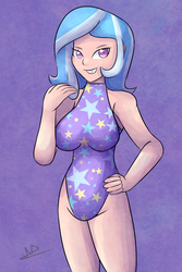 Size: 1280x1920 | Tagged: safe, artist:wolfy-pony, trixie, human, g4, breasts, busty trixie, clothes, female, humanized, one-piece swimsuit, solo, swimsuit