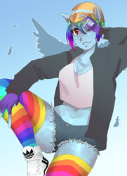 Size: 1280x1767 | Tagged: safe, artist:communisthibiki, rainbow dash, anthro, g4, belly button, cleavage, clothes, female, hat, human facial structure, midriff, rainbow socks, shorts, socks, solo, striped socks