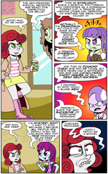 Size: 1024x1652 | Tagged: safe, artist:catfood-mcfly, diamond tiara, mystery mint, starlight, sweetie belle, oc, oc:checked privilege, comic:the third wave of fury belle, equestria girls, g4, background human, clothes, coffee, comic, female, fury belle, implied murder, skirt