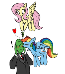 Size: 890x1017 | Tagged: safe, artist:visiti, fluttershy, rainbow dash, oc, oc:anon, human, pegasus, pony, g4, blushing, kissing, mistletoe, simple background, teamwork, white background