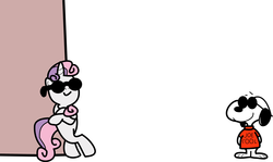 Size: 4189x2495 | Tagged: safe, artist:voicesandinks, sweetie belle, g4, clothes, crossover, hanging out, joe cool, peanuts, snoopy, sunglasses, t-shirt