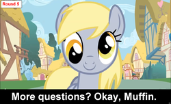 Size: 1600x973 | Tagged: safe, derpy hooves, pegasus, pony, comic:celestia's servant interview, g4, caption, cs captions, cute, derpabetes, female, interview, mare, ponyville, solo