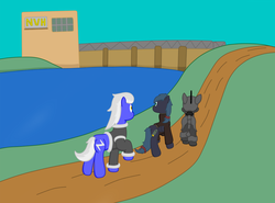 Size: 1052x780 | Tagged: safe, artist:minty candy, oc, oc only, oc:crash dive, oc:night strike, oc:static charge, earth pony, pegasus, pony, fallout equestria, fallout equestria: empty quiver, armor, clothes, dam, enclave, enclave armor, grand pegasus enclave, hill, hydroelectric dam, power armor, river, road, story