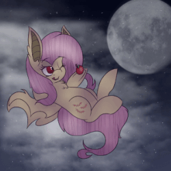 Size: 900x900 | Tagged: safe, artist:dweebpone, fluttershy, bat pony, pony, bats!, g4, animated, apple, chest fluff, female, floating, flutterbat, food, full moon, gif, hoof hold, licking, licking lips, looking at something, mare, moon, night, one eye closed, sky, solo, spread wings, tongue out, wings