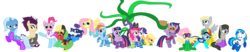 Size: 10000x2088 | Tagged: safe, artist:peternators, applejack, dj pon-3, fluttershy, high heel, mane-iac, octavia melody, pinkie pie, rainbow dash, rarity, trixie, twilight sparkle, vinyl scratch, oc, alicorn, pony, unicorn, g4, power ponies (episode), clothes, female, goggles, group, mare, power ponies, request, requested art, simple background, socks, striped socks, transparent background, twilight sparkle (alicorn), vector