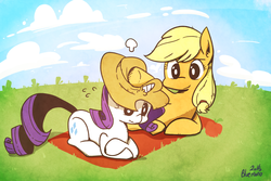 Size: 1280x853 | Tagged: safe, artist:gmrqor, applejack, rarity, g4, accessory swap, applejack's hat, applejack's hat's death, cloud, cowboy hat, female, field, hat, horn, horn impalement, lesbian, scrunchy face, ship:rarijack, shipping, sky