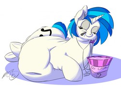 Size: 1280x934 | Tagged: safe, artist:093, dj pon-3, vinyl scratch, pony, unicorn, g4, belly, eating, eyes closed, fat, female, ice cream, morbidly obese, mp3 player, obese, smiling, solo, spoon, vinyl fat