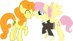 Size: 704x392 | Tagged: safe, artist:bernardofoquita, carrot top, fluttershy, golden harvest, g4, bases, boop, butterscotch, noseboop, rule 63