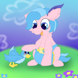 Size: 1000x1000 | Tagged: safe, artist:plinkie_poi, oc, oc:rainfeather, duck, pony, g1, diaper, fluffy, foal, poofy diaper