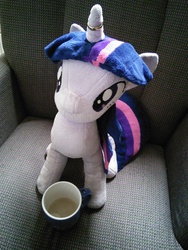 Size: 1944x2592 | Tagged: artist needed, safe, twilight sparkle, g4, chair, coffee, coffee mug, cute, horn, horn ring, irl, jin, photo, plushie