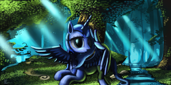 Size: 1600x800 | Tagged: safe, artist:auroriia, princess luna, pony, g4, crepuscular rays, female, forest, prone, solo, spread wings, water