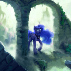 Size: 1664x1664 | Tagged: safe, artist:dahtamnay, princess luna, alicorn, pony, g4, blurry, ethereal mane, female, folded wings, horn, light, looking up, mist, rock, ruins, solo, walking, wings