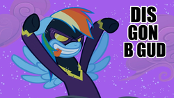 Size: 957x539 | Tagged: safe, screencap, rainbow dash, g4, dis gon b gud, female, flying, image macro, meme, solo, tongue out