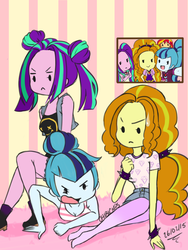 Size: 3000x4000 | Tagged: safe, artist:chibicmps, adagio dazzle, aria blaze, sonata dusk, sunset shimmer, equestria girls, g4, cleavage, clothes, female, missing shoes, nirvana, pantyhose, smiley face, tank top, the dazzlings, trio