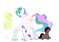 Size: 1024x724 | Tagged: safe, artist:stagetechyart, prince blueblood, princess celestia, shining armor, oc, oc:mana fall, g4, alternate hairstyle, colt, colt shining armor, crying, crying armor, magic, male, momlestia, necklace, ocular gushers, paint, pearl, sad, sad armor, simple background, transparent background, whining, whining armor, younger