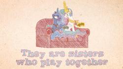 Size: 1152x647 | Tagged: safe, artist:2snacks, princess celestia, princess luna, two best sisters play, g4, angry, couch, video game