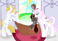 Size: 1024x724 | Tagged: safe, artist:stagetechyart, fleur-de-lis, prince blueblood, oc, oc:blueblood's mom, oc:mana fall, pony, unicorn, g4, bath, colt, eyes closed, female, horn, male, mother and child, mother and son, mouth hold, unicorn oc, younger