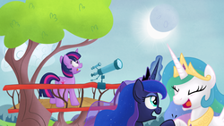 Size: 1920x1080 | Tagged: safe, artist:moemneop, princess celestia, princess luna, twilight sparkle, alicorn, pony, unicorn, g4, eclipse, female, mare, royal sisters, siblings, sisters, telescope, trollestia, trolluna, unicorn twilight