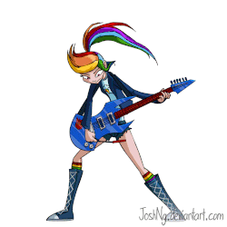 Size: 500x500 | Tagged: safe, artist:joshng, rainbow dash, human, equestria girls, g4, my little pony equestria girls: rainbow rocks, alternate hairstyle, animated, awesome, boots, clothes, decepticon, denim, electric guitar, eyes closed, female, full body, guitar, headbang, high ponytail, human coloration, humanized, jacket, kneesocks, light skin, long hair, metal, musical instrument, perfect loop, ponytail, rainbow socks, shirt, shorts, simple background, skinny, smiling, smirk, smooth as butter, socks, solo, striped socks, thin, transformers, white background