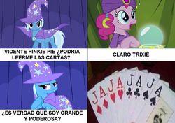 Size: 843x594 | Tagged: safe, pinkie pie, trixie, pony, unicorn, g4, card, female, madame pinkie, mare, spanish, translated in the comments, turban