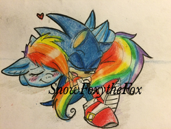 Size: 2048x1536 | Tagged: safe, artist:snowfoxythefox, rainbow dash, g4, blushing, crossover, crossover shipping, cute, female, heart, male, shipping, sonic the hedgehog, sonic the hedgehog (series), sonicdash, straight, traditional art