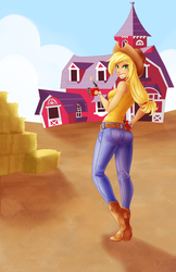 Size: 3300x5100 | Tagged: safe, artist:bumblebun, applejack, human, g4, clothes, coin, female, humanized, solo, sweet apple acres