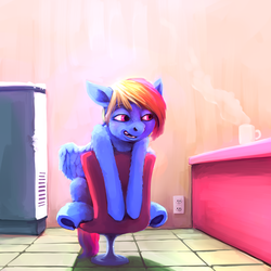 Size: 5000x5000 | Tagged: safe, artist:sharpieboss, rainbow dash, semi-anthro, g4, absurd resolution, bored, chair, coffee, female, room, solo, underhoof, water fountain