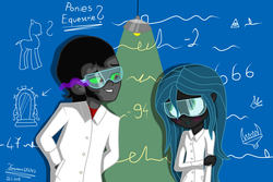 Size: 1500x1000 | Tagged: safe, artist:terezas474747, king sombra, queen chrysalis, equestria girls, g4, 666, blushing, chalkboard, clothes, embarrassed, equation, equestria girls-ified, eyes on the prize, female, goggles, lab coat, male, math, ship:chrysombra, shipping, straight