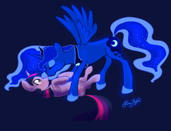 Size: 1958x1500 | Tagged: safe, artist:pony-by-firelight, princess luna, twilight sparkle, g4, blushing, eyes closed, female, imminent kissing, lesbian, on back, ship:twiluna, shipping, smiling, spread wings, wide eyes