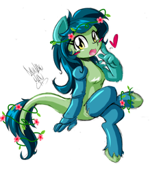 Size: 963x1101 | Tagged: safe, artist:danmakuman, oc, oc only, draconequus, anthro, unguligrade anthro, anthro oc, crossed legs, cute, female, flower, flower in hair, flower in tail, open mouth, solo, unshorn fetlocks