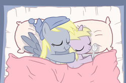Size: 2454x1608 | Tagged: safe, artist:trotsworth, derpy hooves, dinky hooves, pegasus, pony, g4, bed, cloydes, cuddling, equestria's best mother, female, hat, mare, nightcap, scrunchy face, sleeping, spooning, spork