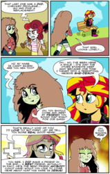 Size: 1000x1569 | Tagged: safe, artist:catfood-mcfly, sunset shimmer, sweetie belle, oc, oc:candy skies, oc:checked privilege, comic:the third wave of fury belle, equestria girls, g4, bench, christian sunset shimmer, cross, fury belle, implied sunset satan, jesus christ, proselytizing, religion, shovel, this will end in tears and/or death