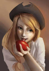 Size: 1986x2836 | Tagged: safe, artist:my-magic-dream, applejack, human, g4, apple, female, humanized, solo, tongue out