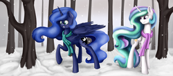 Size: 2188x963 | Tagged: safe, artist:endrome, princess celestia, princess luna, g4, clothes, scarf, snow, snowfall, tree, winter