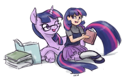 Size: 834x536 | Tagged: safe, artist:king-kakapo, twilight sparkle, oc, oc:glimmer, pony, satyr, g4, book, duo, glasses, mother and daughter, offspring, parent:twilight sparkle, sitting