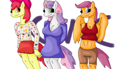 Size: 1784x988 | Tagged: safe, artist:mojo1985, apple bloom, scootaloo, sweetie belle, earth pony, anthro, g4, cleavage, clothes, cutie mark crusaders, dress, female, midriff, skirt, tank top