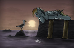 Size: 1280x842 | Tagged: safe, artist:slawomiro, rainbow dash, seagull, g4, backwards cutie mark, female, ocean, shore, solo