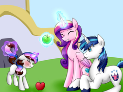 Size: 1024x768 | Tagged: safe, artist:le-poofe, princess cadance, shining armor, oc, oc:ella, g4, apple, blushing, female, levitation, male, offspring, parent:princess cadance, parent:shining armor, parents:shiningcadance, ship:shiningcadance, shipping, straight, straining