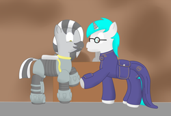 Size: 896x608 | Tagged: safe, artist:minty candy, oc, oc only, oc:minty candy, oc:nikolai, cyborg, pony, unicorn, zebra, fallout equestria, fallout equestria: occupational hazards, clothes, glasses, power armor, story