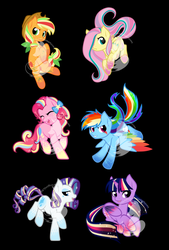 Size: 1926x2856 | Tagged: safe, artist:fuyusfox, applejack, fluttershy, pinkie pie, rainbow dash, rarity, twilight sparkle, alicorn, pony, g4, black background, chibi, colored wings, female, mane six, mare, multicolored hair, multicolored wings, rainbow hair, rainbow power, rainbow power-ified, rainbow tail, rainbow wings, simple background, twilight sparkle (alicorn), watermark, wings