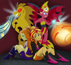 Size: 1226x1131 | Tagged: safe, artist:catlover1672, adagio dazzle, sunset shimmer, siren, equestria girls, g4, addolorato dazzle, boots, clothes, crying, sad, skirt, sunsad shimmer, sunset satan, true form