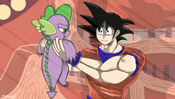 Size: 1920x1080 | Tagged: safe, artist:malamol, spike, saiyan, g4, :t, crossover, dragon ball, dragon ball z, frown, glare, holding, male, son goku, this will end in tears, unamused, wavy mouth, wide eyes
