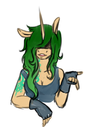 Size: 500x661 | Tagged: safe, artist:twitchygreyfox, oc, oc only, oc:splendid sigh, unicorn, anthro, clothes, hair over eyes, tattoo